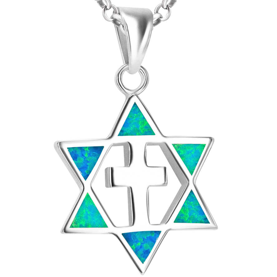 Messianic ‘Star of David with Cross’ 2 in 1 Opal Silver Pendant from Israel – Dark Opal