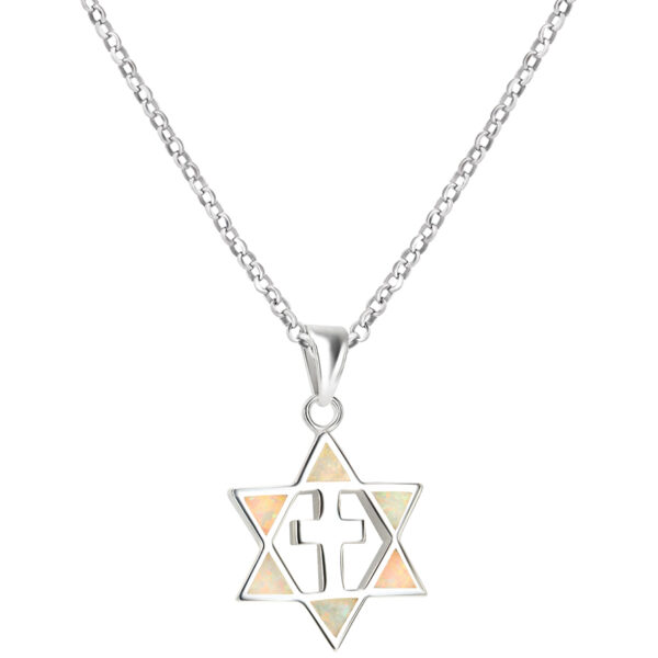 Messianic 'Star of David with Cross' 2 in 1 Opal Silver Pendant from Israel - Light Opal with chain