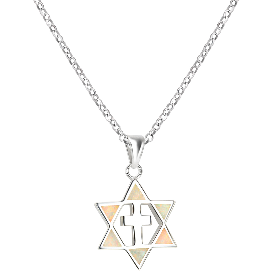 Messianic ‘Star of David with Cross’ 2 in 1 Opal Silver Pendant from Israel – Light Opal with chain
