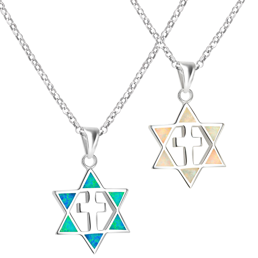 Messianic ‘Star of David with Cross’ 2 in 1 Opal Silver Pendant from Israel