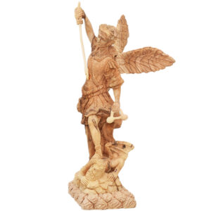 Archangel Michael Vanquishing Satan - Olive Wood Carving - 13.5" Made in Israel - 13.5" (left view)