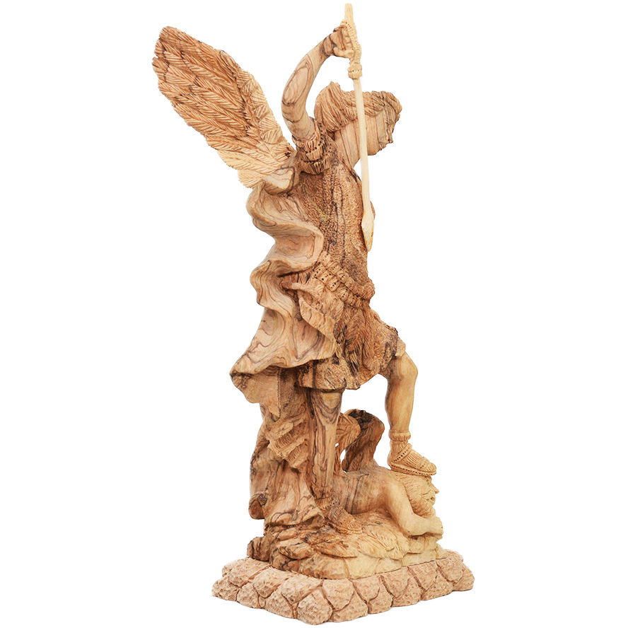 Archangel Michael Vanquishing Satan – Olive Wood Carving – 13.5″ Made in Israel – 13.5″ (right view)