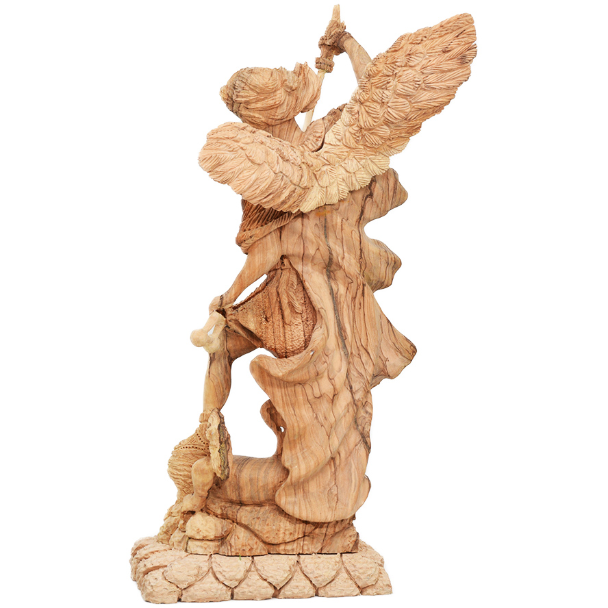 Archangel Michael Vanquishing Satan – Olive Wood Carving – 13.5″ – Made in Israel – 13.5″ (back view)
