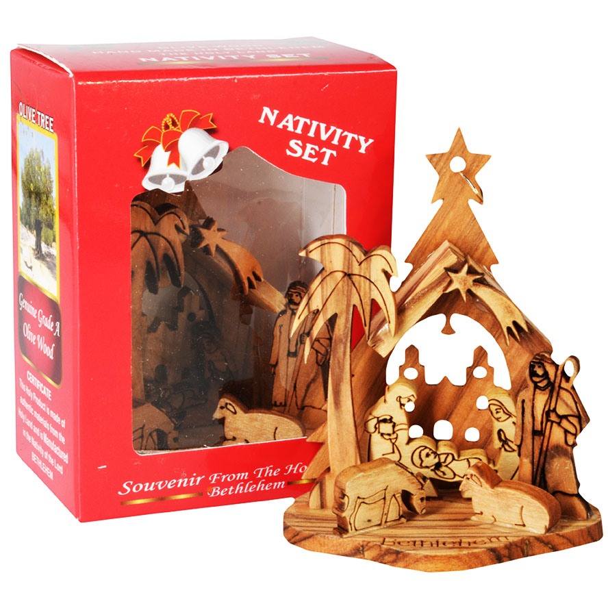 Olive Wood Christmas Tree Nativity Ornament in Gift Box – 3″