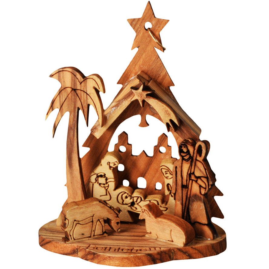 Olive Wood Christmas Tree Nativity Ornament – 3″