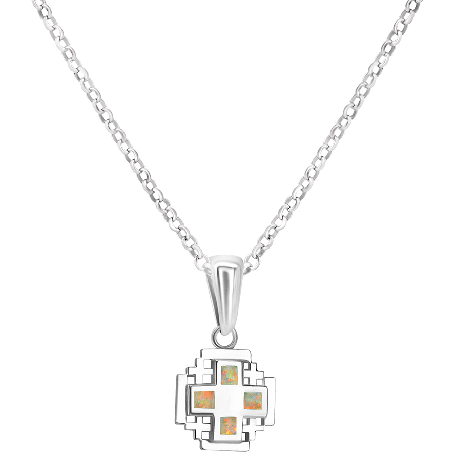 Mini ‘Jerusalem Cross’ Sterling Silver and Light Opal Necklace (with chain)