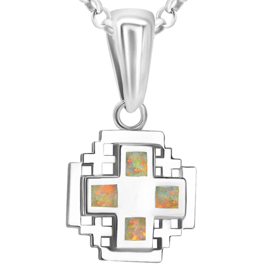 Mini ‘Jerusalem Cross’ Sterling Silver and Light Opal Necklace