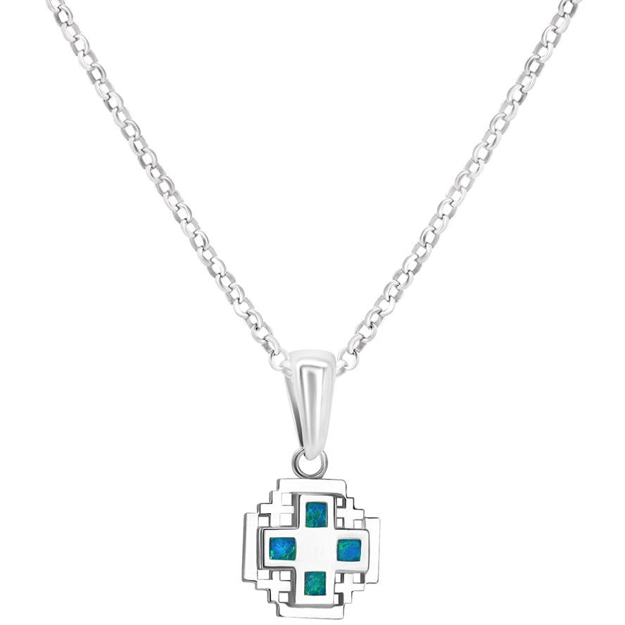 Mini 'Jerusalem Cross' Sterling Silver and Opal Pendant (with chain)