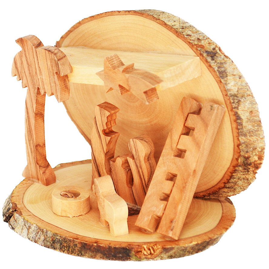 Christmas Nativity Manger Ornament with Bark - 4 inch (side view)