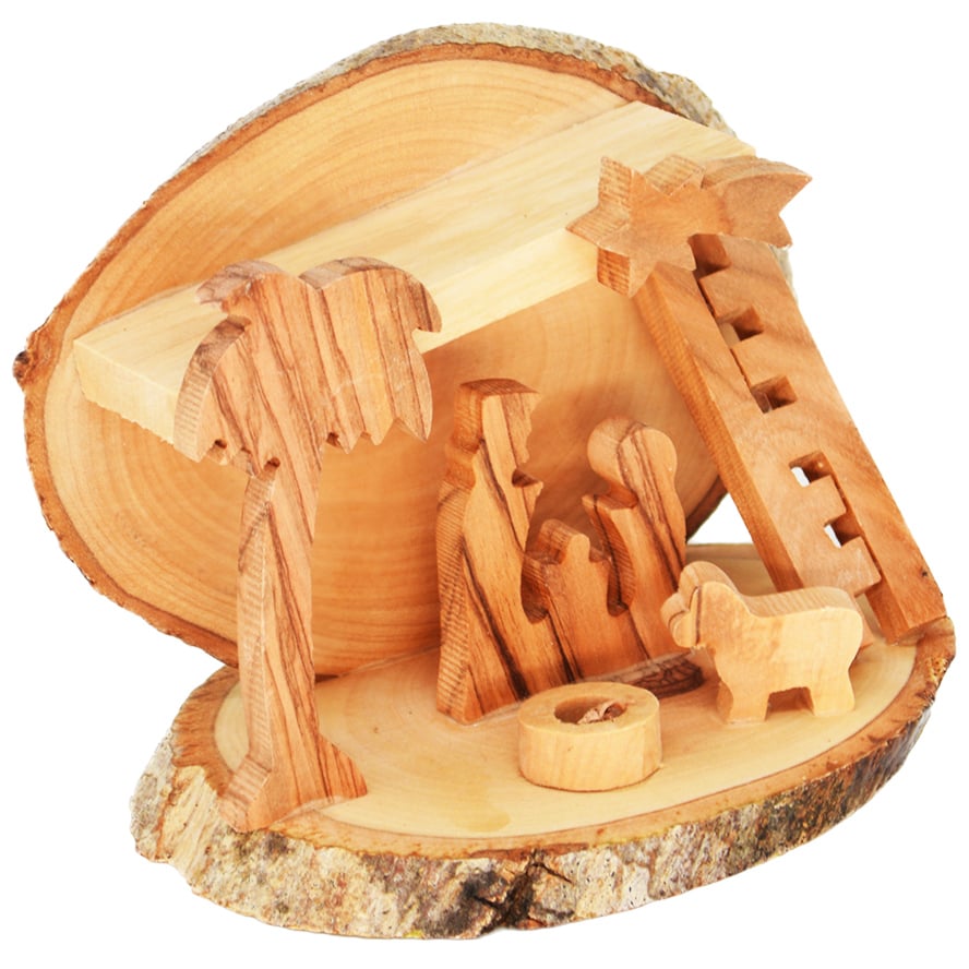 Christmas Nativity Manger Ornament with Bark - 4 inch