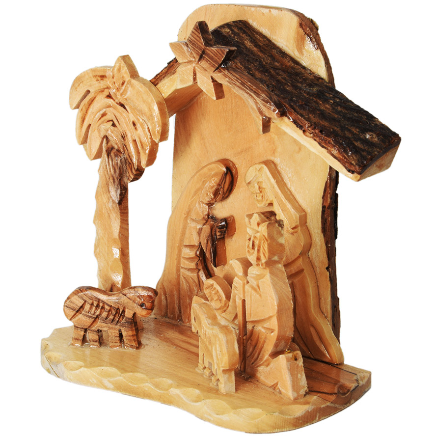 Nativity Creche Natural Olive Wood Ornament from the Holy Land (side view)