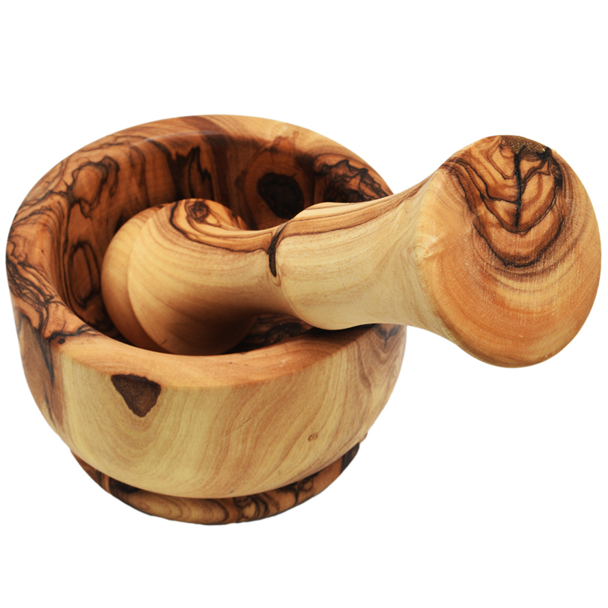 Olive Wood Mortar and Pestle – Made in the Holy Land (front view)