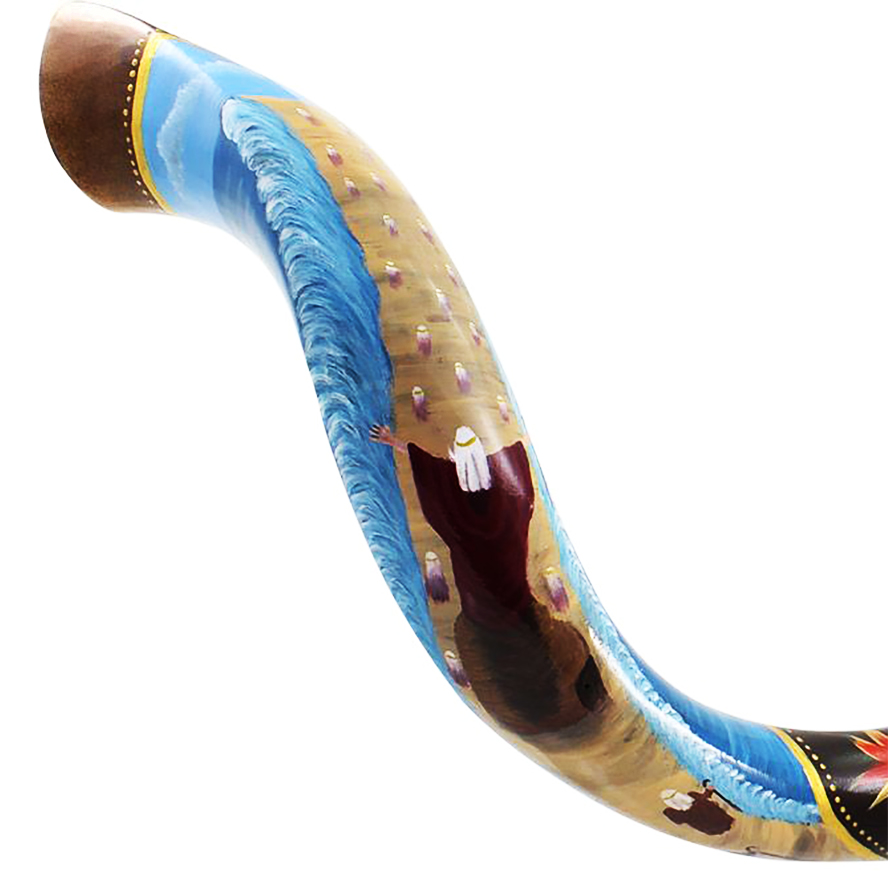 ‘Moses – Crossing the Red Sea’ Hand-Painted Kudu Shofar – Made in Israel (head detail)