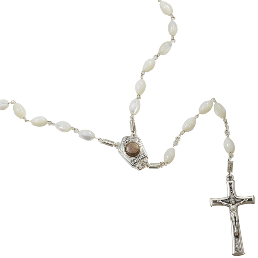Mother of Pearl Rosary Beads with Jerusalem Cross – Soil and Crucifix detail