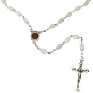 Mother of Pearl Rosary Beads with 'Virgin Mary' Icon & Holy Soil (detail)
