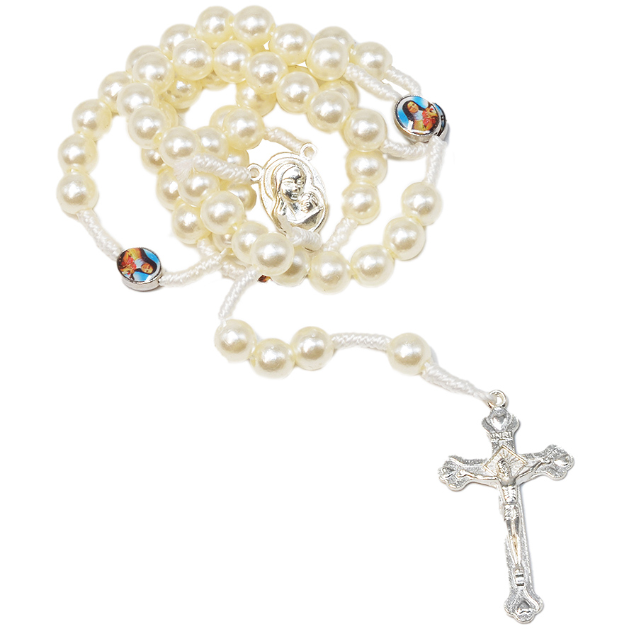 Pearly White Rosary Beads with ‘Virgin Mary’ Icon (detail)
