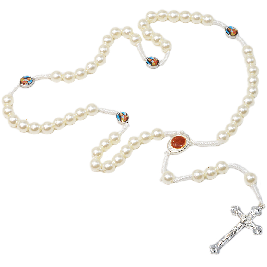 Pearly White Rosary Beads with 'Virgin Mary' Icon
