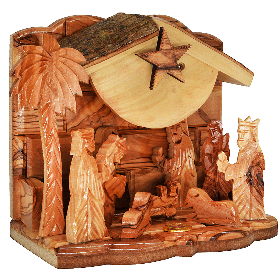 Olive Wood Musical Nativity Creche Set - Made in Bethlehem