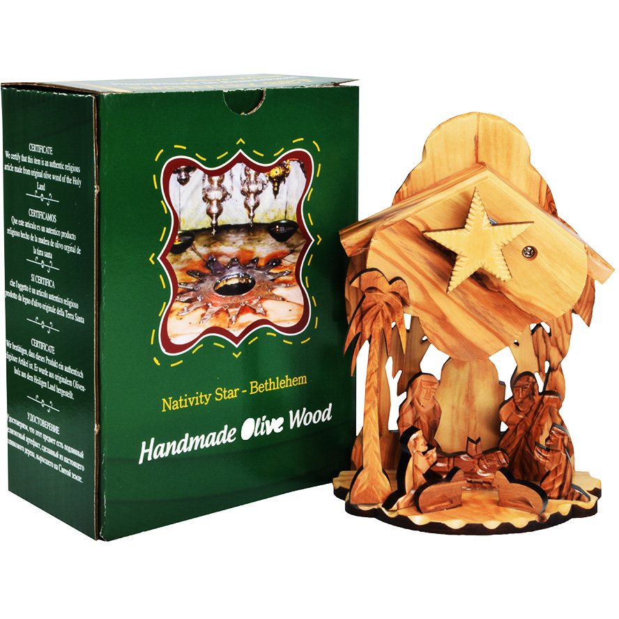Olive Wood Musical Nativity Creche Set from Bethlehem – 6.5″ (boxed)