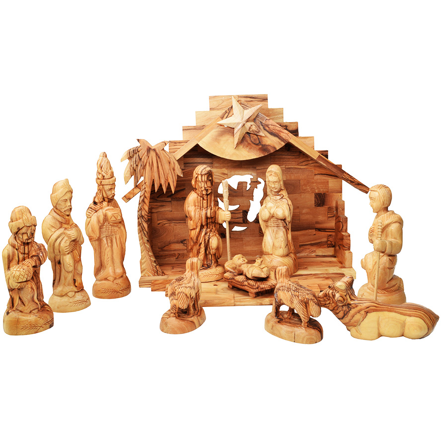 Musical Olive Wood Nativity Creche – Christmas Story – 12.5 inch (front)