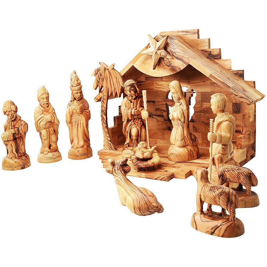 Musical Olive Wood Nativity Creche – Christmas Story – 12.5 inch