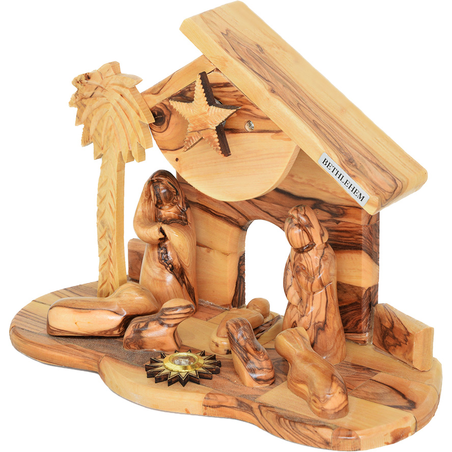 Wooden Musical Grotto with Faceless Figurines – Made in Israel – 9.5″ (angle view)