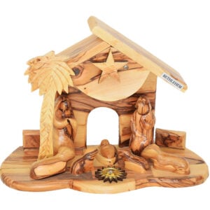 Wooden Musical Grotto with Faceless Figurines - Made in Israel - 9.5"