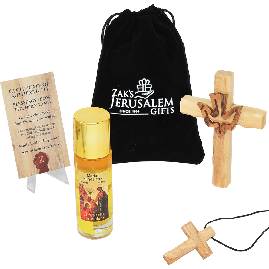 ‘The Godly Home’ Myrrh Oil Perfume & Olive Wood Cross – Gift ready set