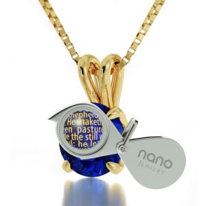 Psalm 23 Sterling Silver Gold Plated (Vermeil) Necklace Blue Swarovski (with magnifying glass)