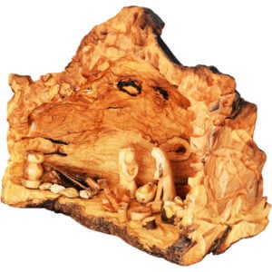 Carved Nativity Cave with Fixed Figurines - Olive Wood Branch - Med (side)