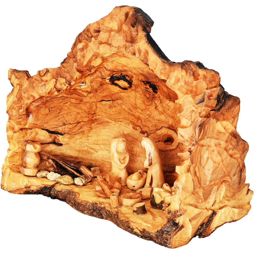 Carved Nativity Cave with Fixed Figurines – Olive Wood Branch – Med (side)