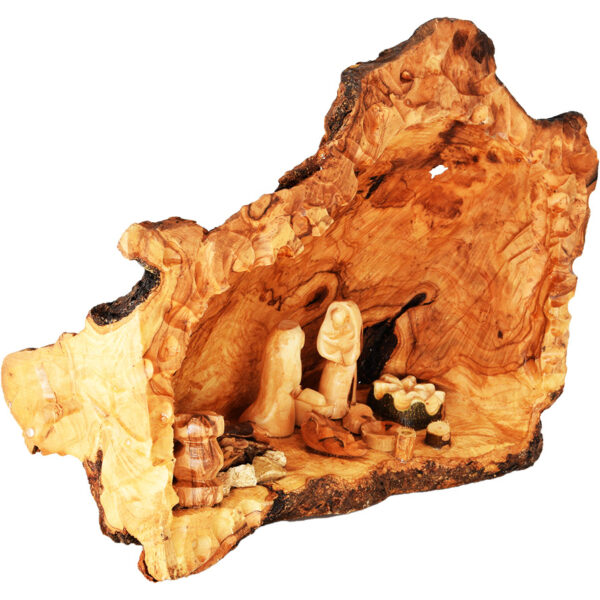Carved Nativity Cave with Fixed Figurines - Olive Wood Branch - Med (left side)