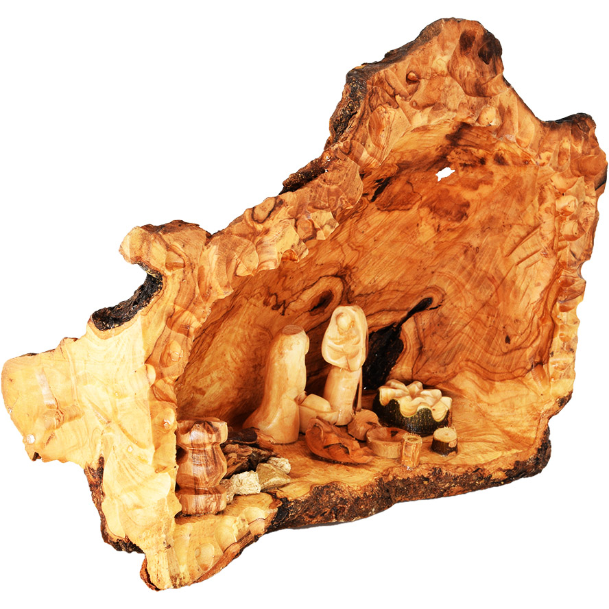 Carved Nativity Cave with Fixed Figurines – Olive Wood Branch – Med (left side)
