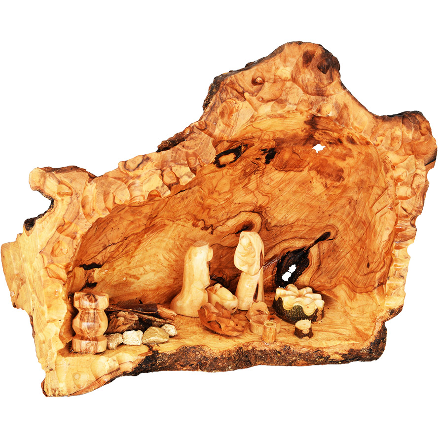 Carved Nativity Cave with Fixed Figurines - Olive Wood Branch - Med
