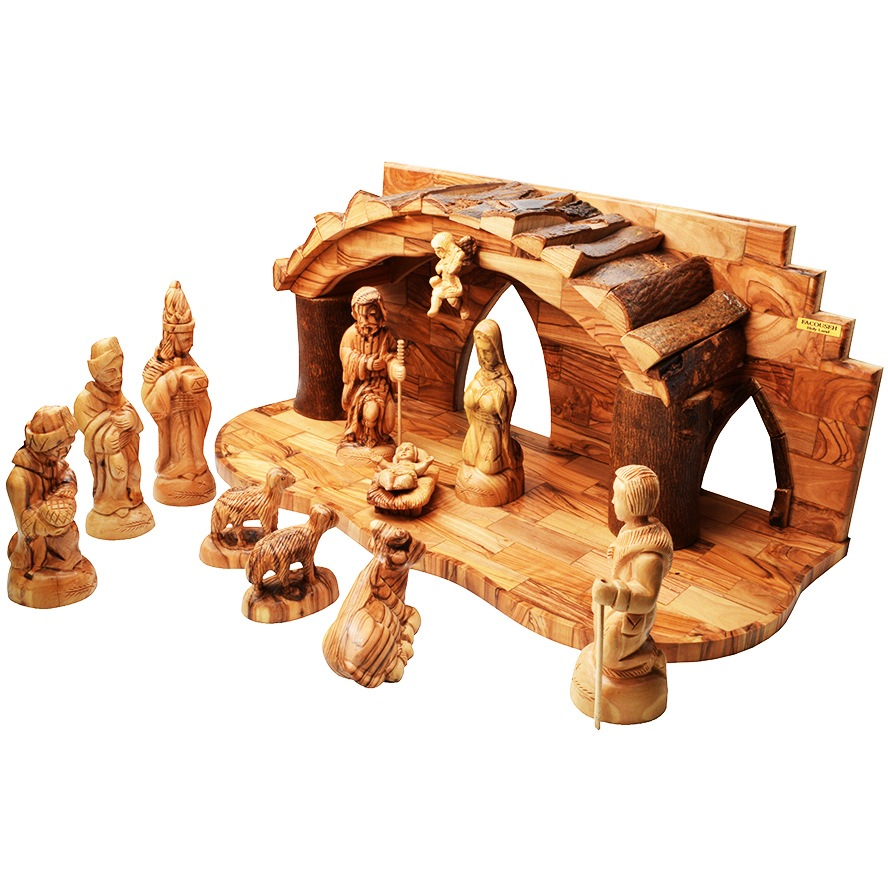 Christmas Hand Carved Olive Wood Nativity Scene with Bark Roof