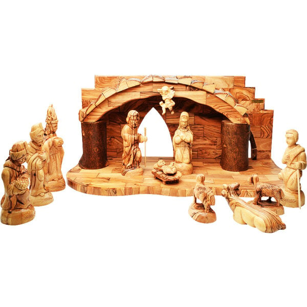Christmas Hand Carved Olive Wood Nativity Scene with Bark Roof (front)