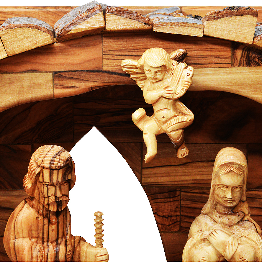 Christmas Hand Carved Olive Wood Nativity Scene with Bark Roof (detail)