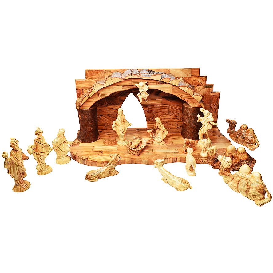 Deluxe Nativity Creche Set with Bark Roof from Bethlehem – 19″ (Front)