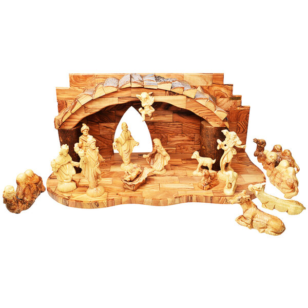 Deluxe Nativity Creche Set with Bark Roof from Bethlehem - 19"