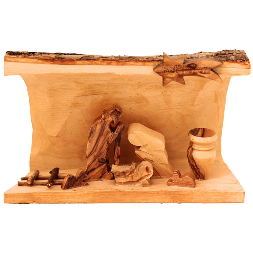 Olive Wood Log Nativity – Fixed – Made in Bethlehem – 12″
