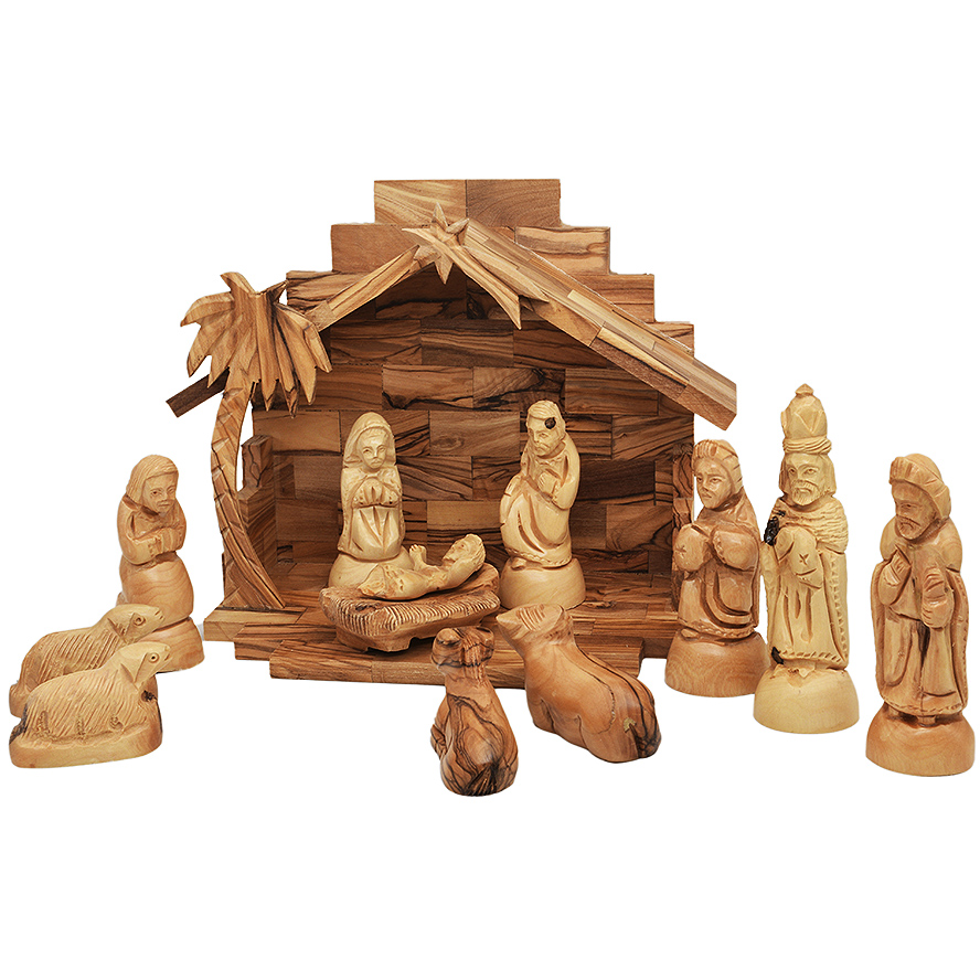Olive Wood Nativity Creche – 12pc Set from Bethlehem (front view)
