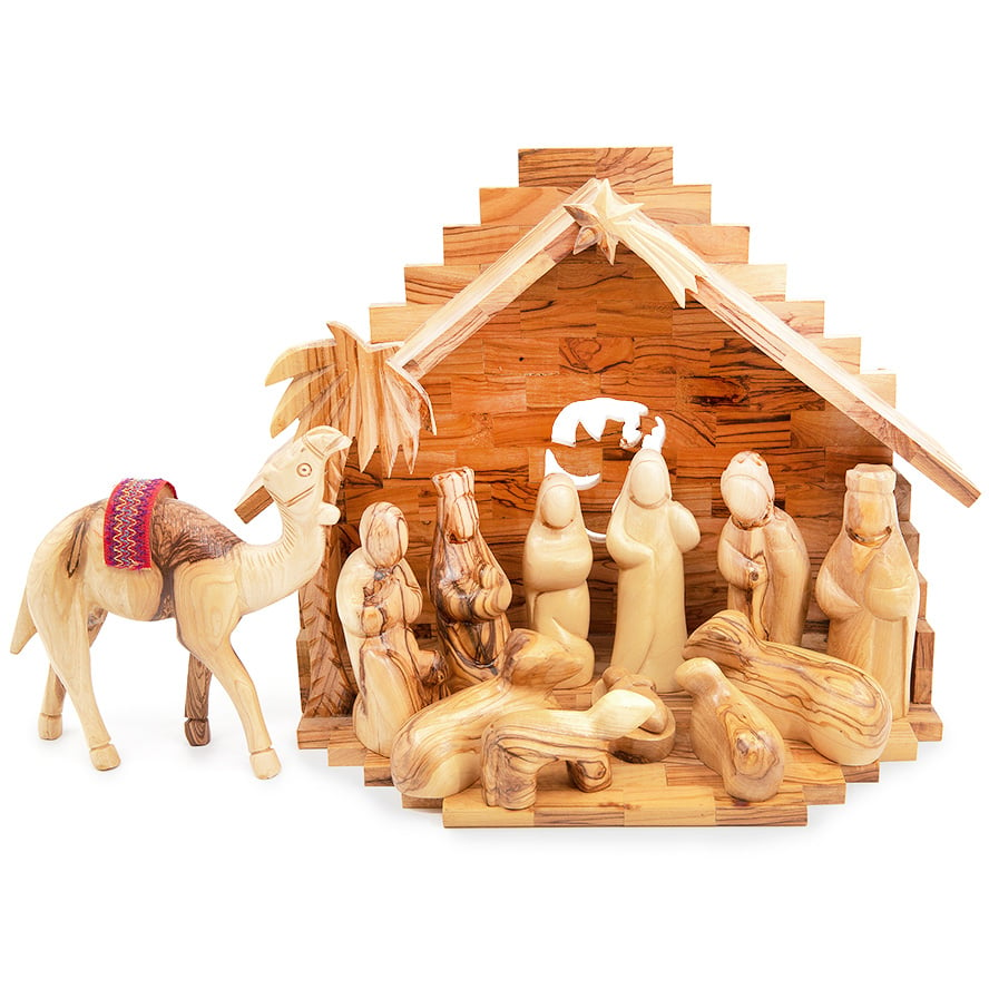 Olive Wood Faceless Nativity Set with Camel – Made in Bethlehem – 12.5″