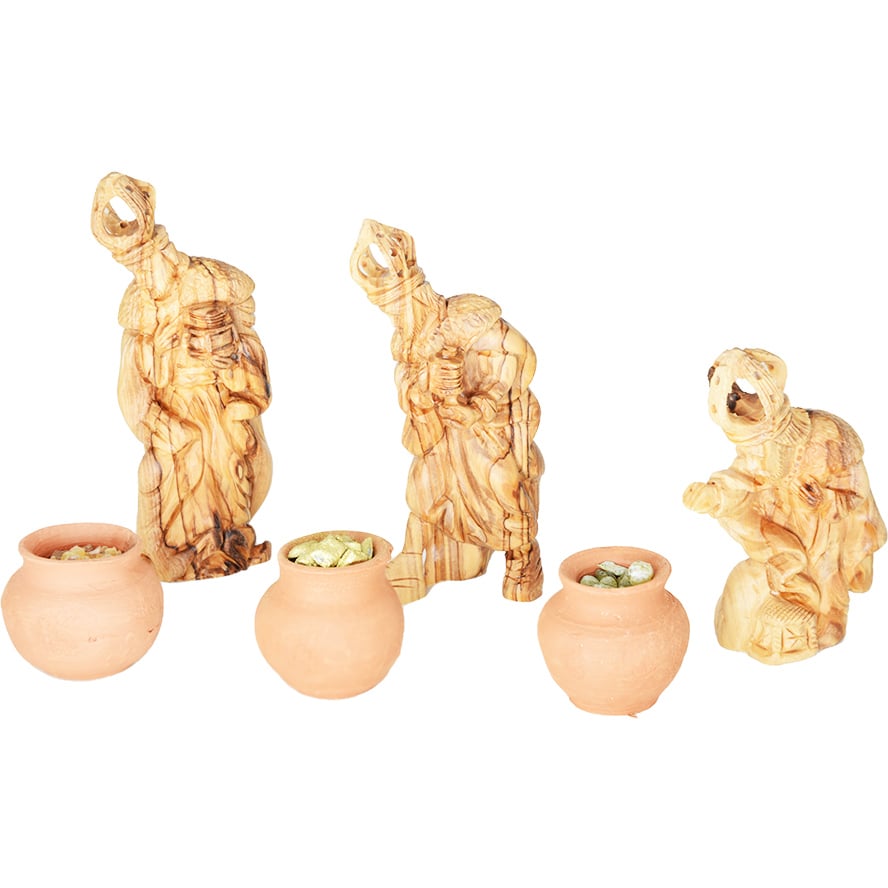 The Three Wise Men with gifts in clay pots and a camel (front view)
