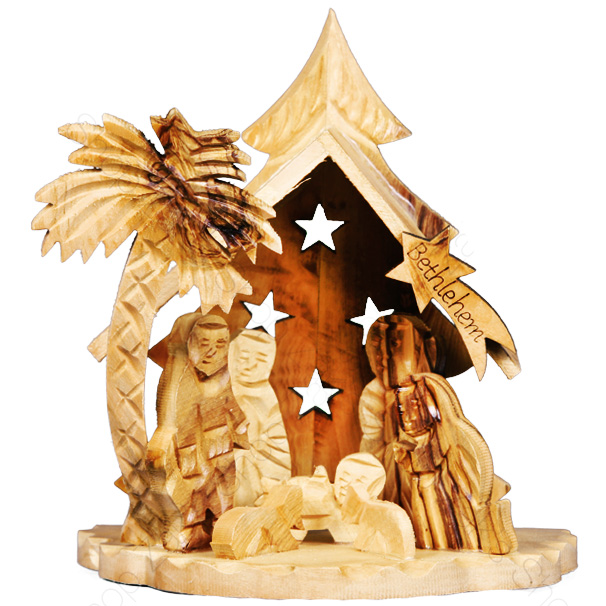 Small Olive Wood Nativity Set with Stars – Holy Land