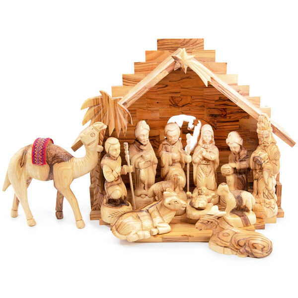 Olive Wood Nativity Scene Set with Camel - Made in Bethlehem - 12.5"