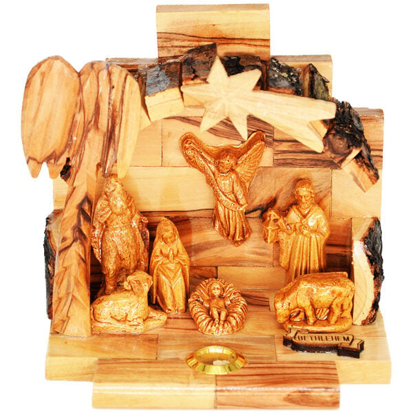 Olive Wood Christmas Nativity Scene with Bark Roof and Incense (front view)