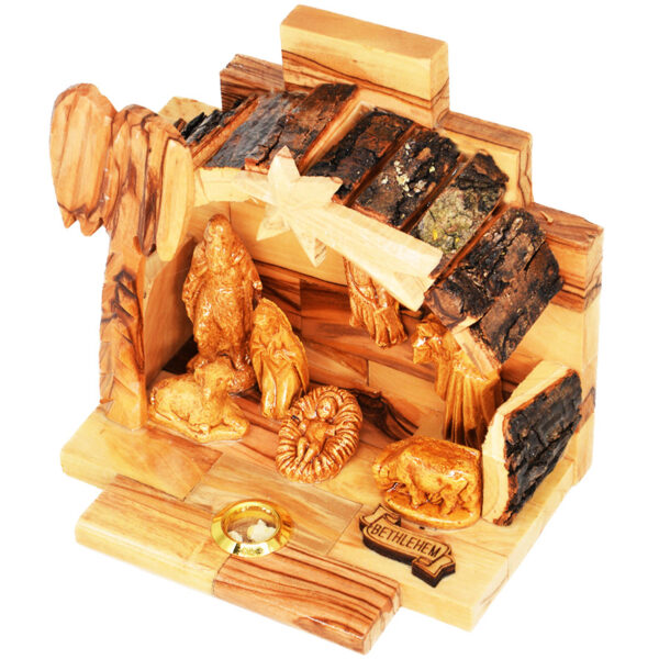 Olive Wood Christmas Nativity Scene with Bark Roof and Incense (top view)