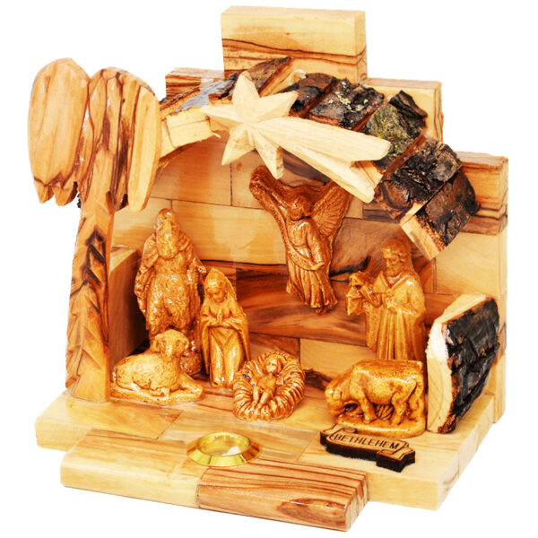 Olive Wood Christmas Nativity Scene with Bark Roof and Incense
