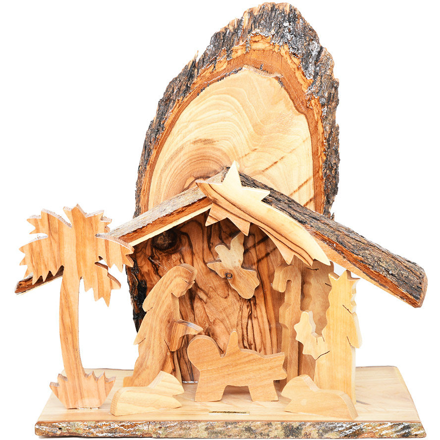 Natural Wooden Christmas Nativity with Bark – Made in Israel – 8″
