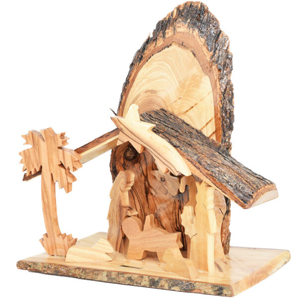 Natural Wooden Christmas Nativity with Bark - Made in Israel - 8" (angle view)